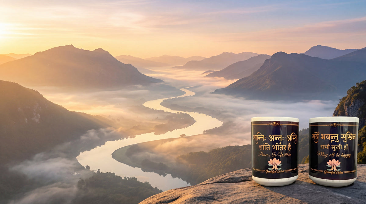 Purnam set — two Sanskrit trilingual mugs on a rock ledge overlooking a misty river valley at sunrise.