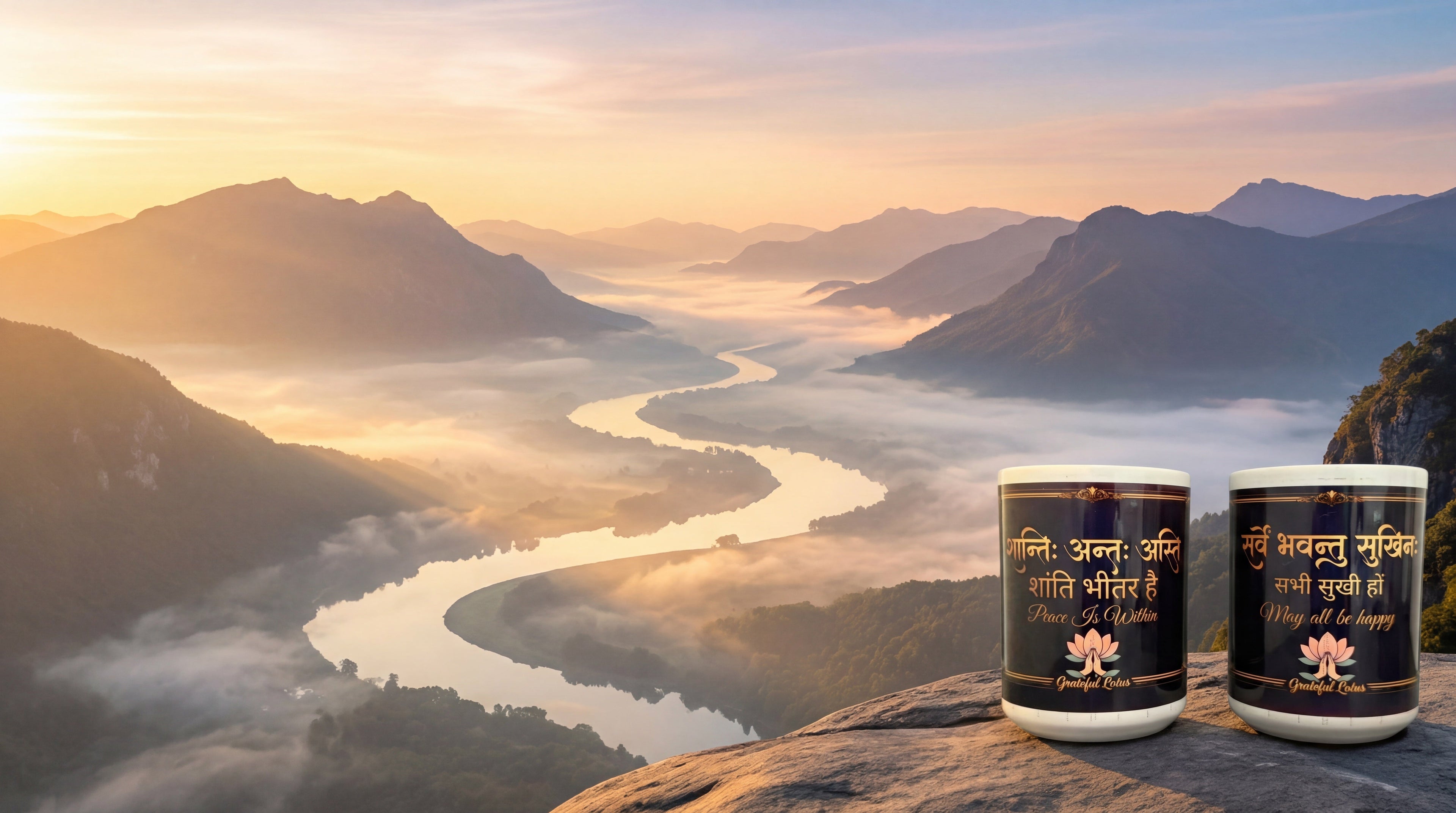 Purnam set — two Sanskrit trilingual mugs on a rock ledge overlooking a misty river valley at sunrise.
