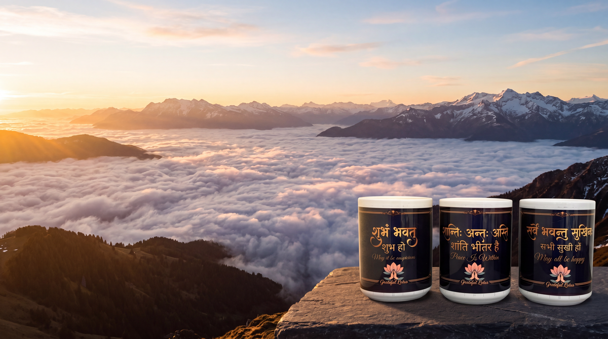 Triveni set — three Sanskrit trilingual mugs on a rock ledge above a golden sea of clouds with snow-capped peaks at sunrise.