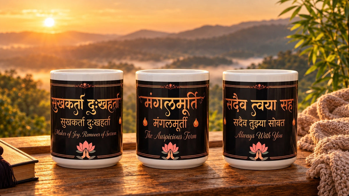 Ganesh Triveni 2026 three-mug gift set featuring Sukhkarta Dukhharta, Mangalmurti and Sadaiv Tujhya Sobat.