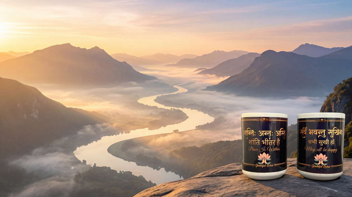 Purnam Collection — two Sanskrit mantra mugs on a mountain  ledge at golden sunrise, river valley and morning mist below,  by Grateful Lotus