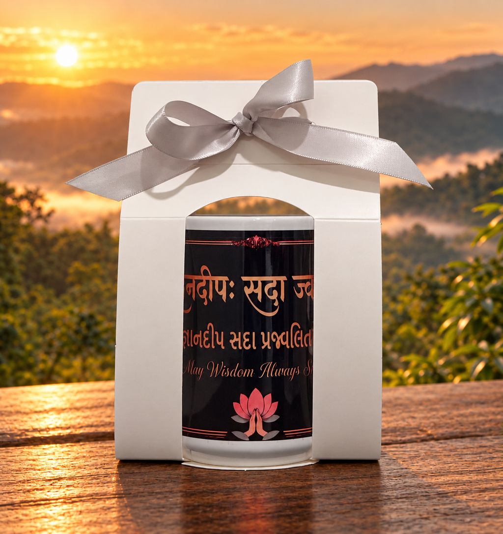 Gift-ready packaged Gyandeep Navratri mug with Sanskrit, Gujarati and English wisdom blessing.