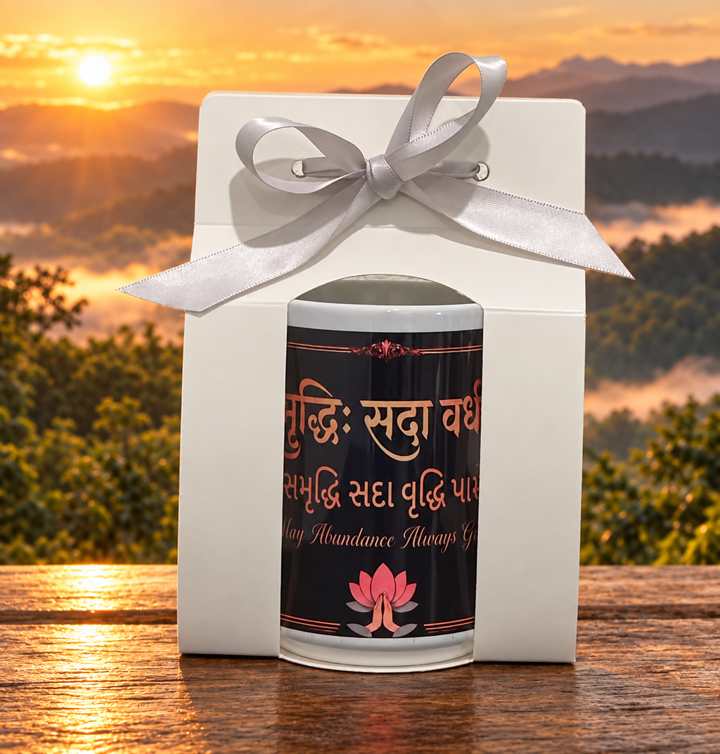 Front view of Samruddhi Navratri mug in gift-ready white packaging with ribbon.