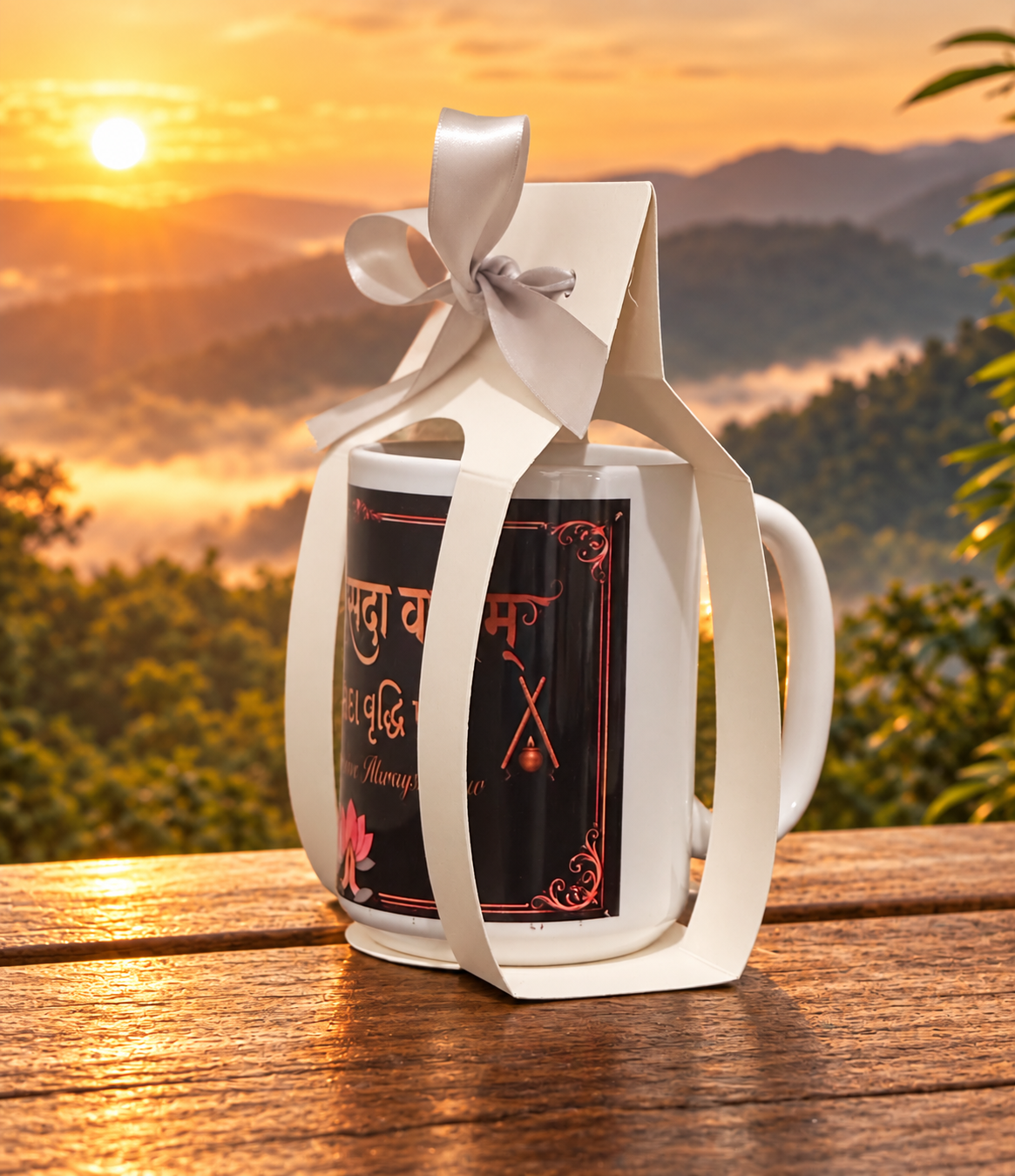 Side view of Samruddhi mug in white gift-ready packaging with ribbon.