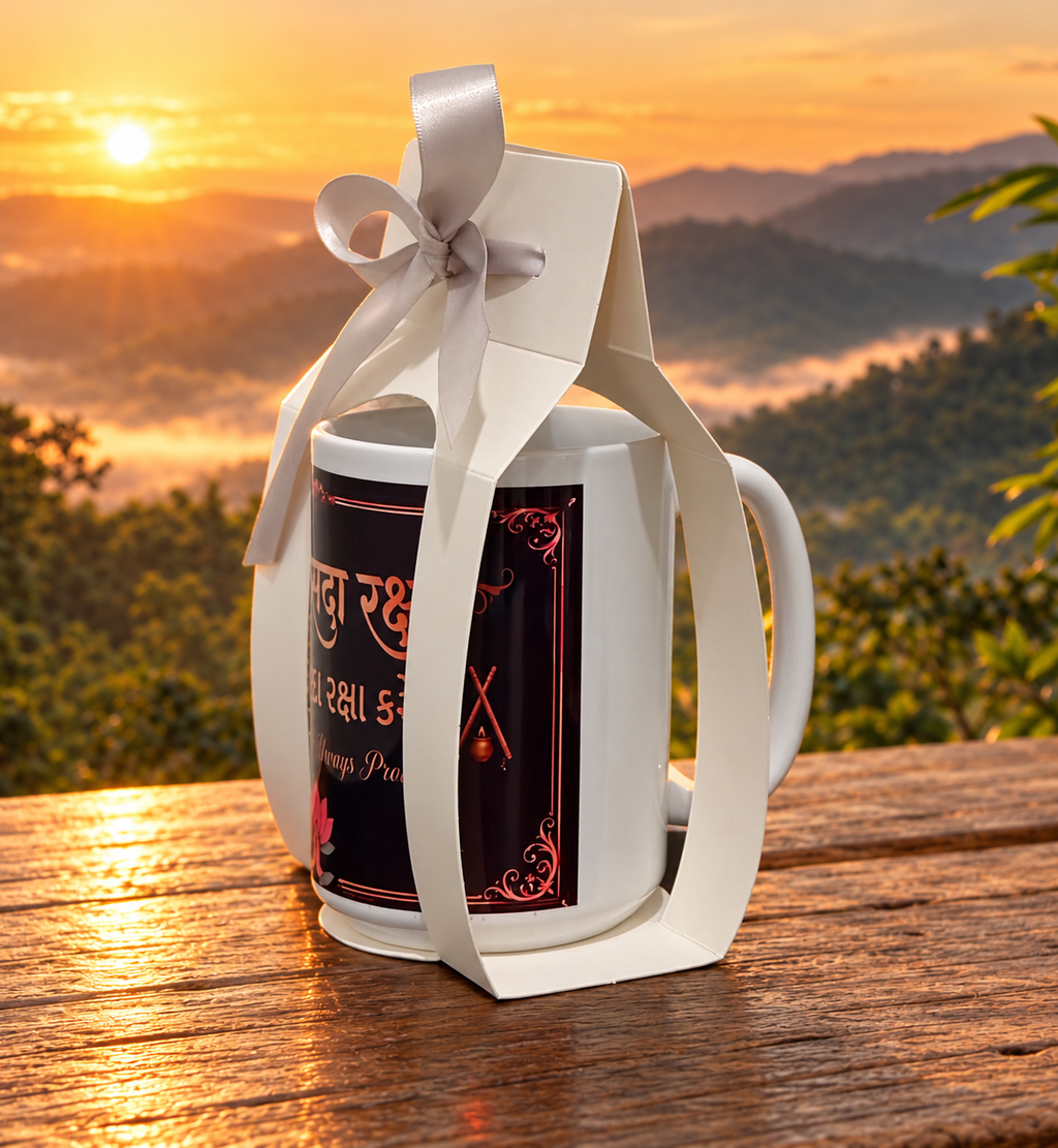 Shakti mug in gift-ready white packaging with ribbon.