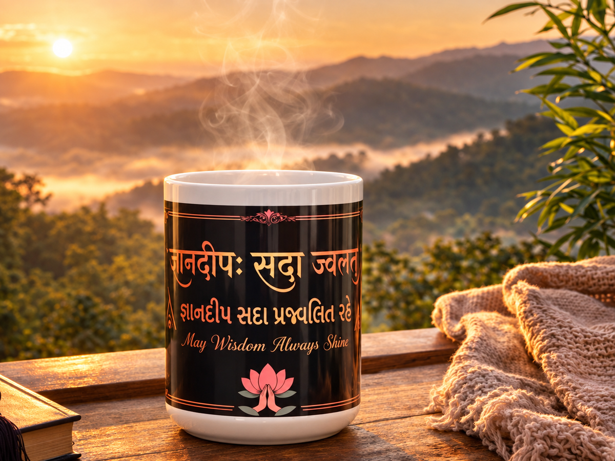 Gyandeep Navratri ceramic mug featuring May Wisdom Always Shine in Sanskrit, Gujarati and English.