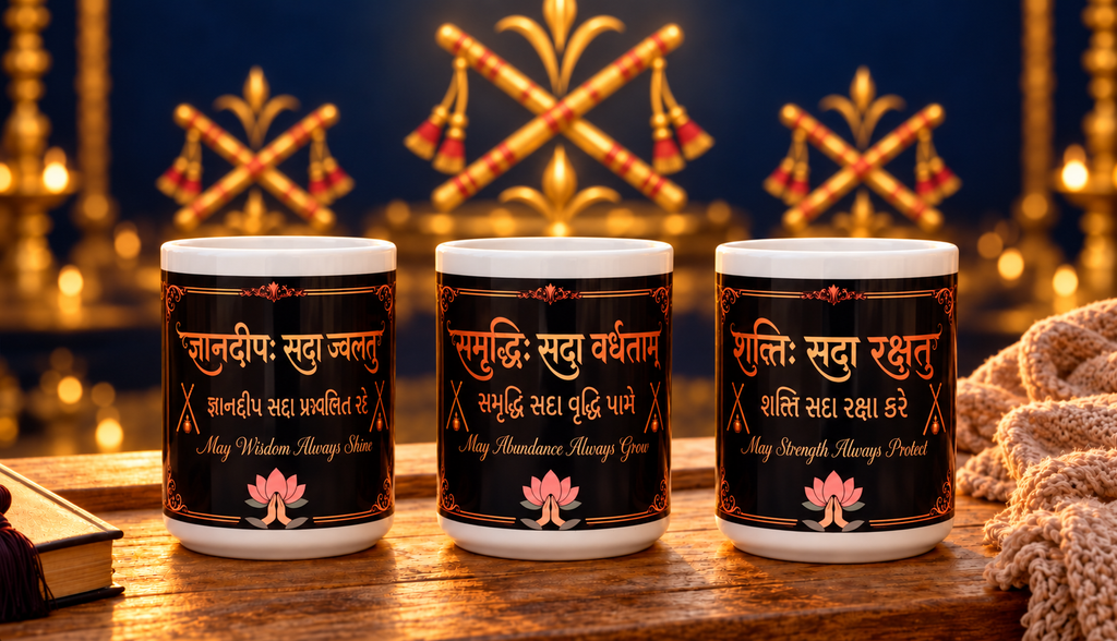 Navratri Triveni set of three Sanskrit, Gujarati and English blessing mugs.