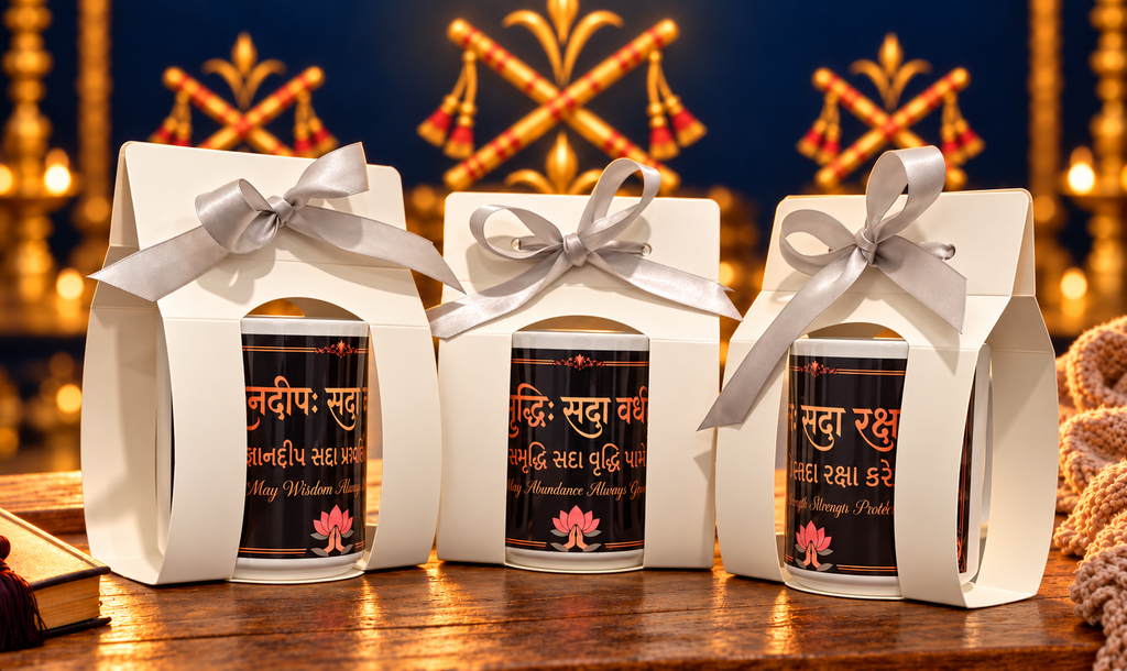 Three Navratri Triveni mugs in individual gift-ready white packaging.