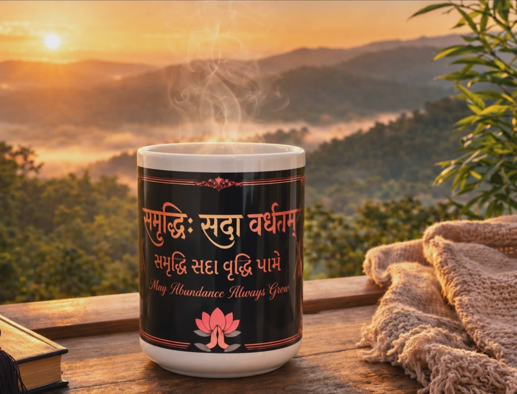 Samruddhi Navratri mug featuring an abundance blessing in Sanskrit, Gujarati and English.