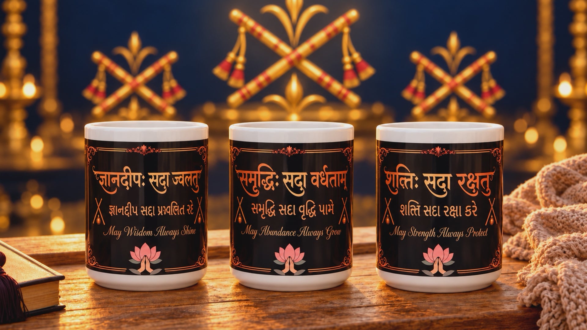 Navratri Triveni three-mug gift set featuring abundance, wisdom and strength blessings.