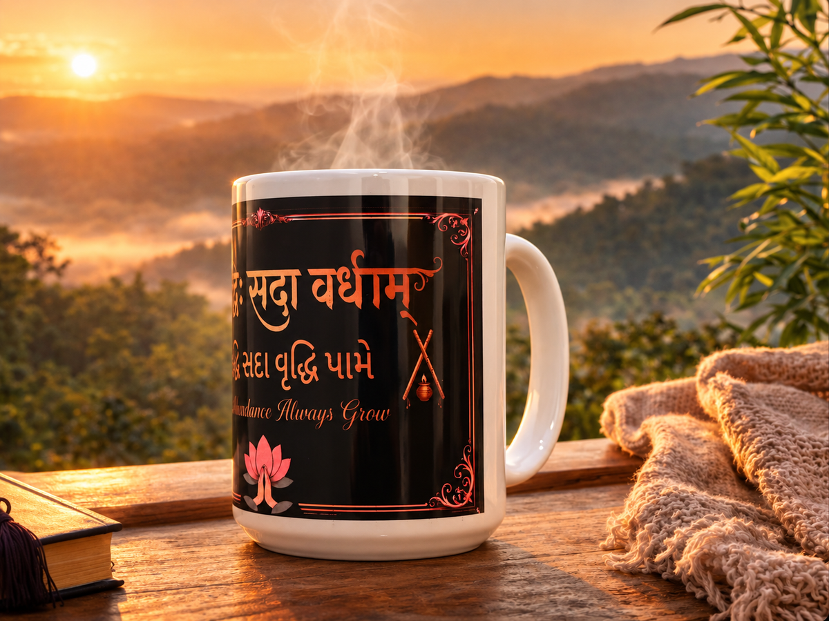 Side view of Samruddhi ceramic mug showing its Sanskrit, Gujarati and English design.
