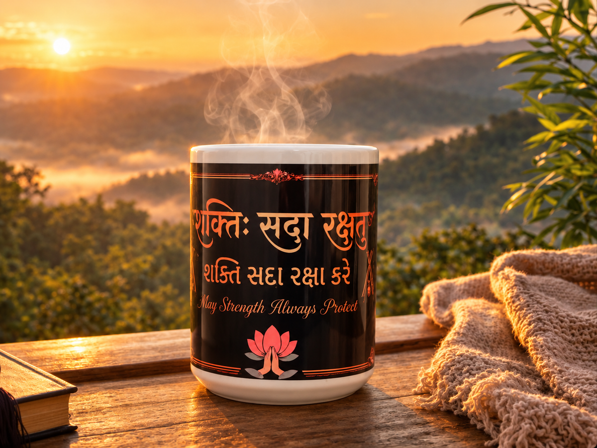 Front view of Shakti Navratri mug with May Strength Always Protect trilingual blessing.
