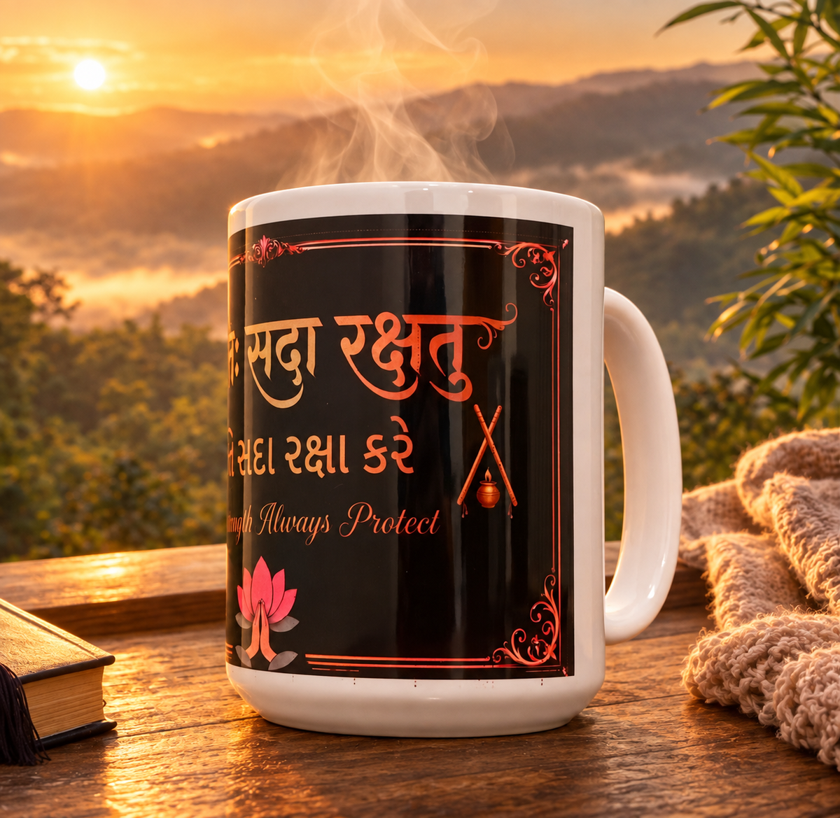 Side view of Shakti ceramic mug showing its Sanskrit, Gujarati and English design.
